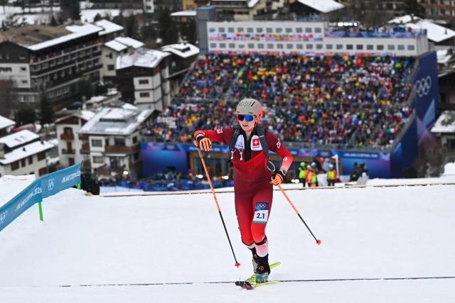 Switzerland's Marianne Fatton competes in the mixed relay ski mountaineering race during the Milano Cortina 2026 Winter Olympic Games at the Stelvio Ski Centre in Bormio (Valtellina) on February 21, 2026. (Photo by Fabrice COFFRINI / AFP)