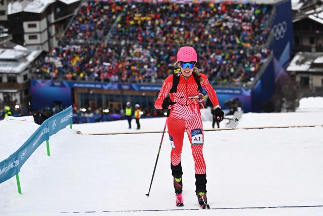 Austria's Johanna Hiemer competes in the mixed relay ski mountaineering race during the Milano Cortina 2026 Winter Olympic Games at the Stelvio Ski Centre in Bormio (Valtellina) on February 21, 2026. (Photo by Fabrice COFFRINI / AFP)