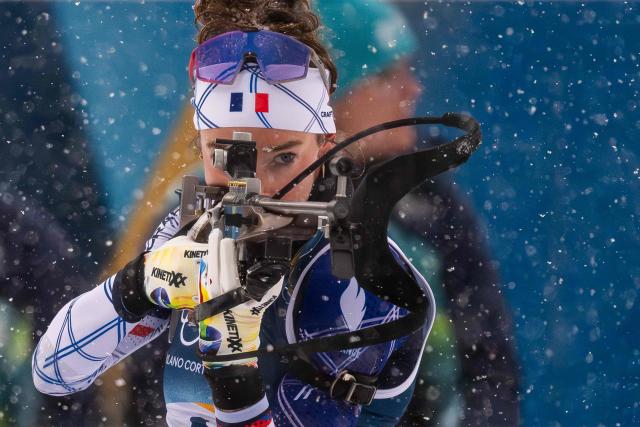France's Lou Jeanmonnot competes in the women's biathlon 12.5km mass start event during the Milano Cortina 2026 Winter Olympic Games at the Anterselva Biathlon Arena (Sudtirol Arena) in Anterselva (Val Pusteria) on February 21, 2026. (Photo by FRANCOIS-XAVIER MARIT / AFP)
