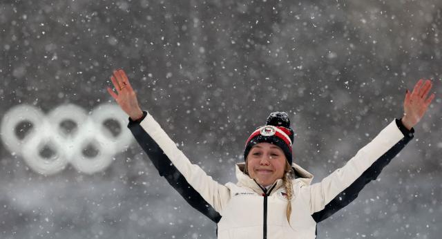 Bronze medallist Czech Republic's Tereza Vobornikova poses on the podium of the women's biathlon 12.5km mass start event during the Milano Cortina 2026 Winter Olympic Games at the Anterselva Biathlon Arena (Sudtirol Arena) in Anterselva (Val Pusteria) on February 21, 2026. (Photo by FRANCK FIFE / AFP)