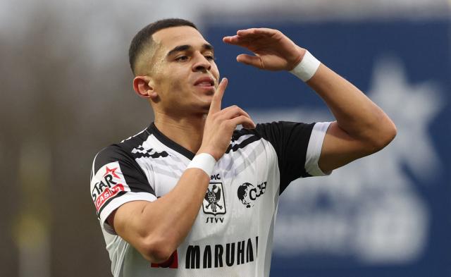 STVV's Ilias Sebaoui celebrates after scoring during the Belgian Pro League football match between Dender and Sint-Truidense VV in Denderleeuw on February 21, 2026. (Photo by VIRGINIE LEFOUR / Belga / AFP) / Belgium OUT
