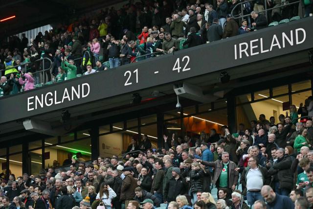 The view shows the scoreboard at the end of the Six Nations international rugby union match between England and Ireland at Allianz Stadium, Twickenham, in south-west London, on February 21, 2026. (Photo by Glyn KIRK / AFP)