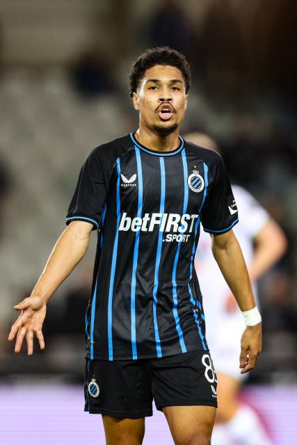 Club Brugge's French midfielder #80 Felix Lemarechal reacts during the Belgian "Pro League" First Division football match between Club Brugge KV and Oud-Heverlee Leuven at the Jan Breydel Stadium in Bruges on February 21, 2026. (Photo by BRUNO FAHY / BELGA / AFP) / Belgium OUT