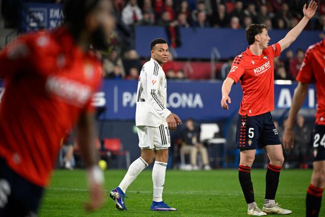 Real Madrid's French forward #10 Kylian Mbappe is pictured during the Spanish league football match between CA Osasuna and Real Madrid CF at El Sadar Stadium in Pamplona on February 21, 2026. (Photo by ANDER GILLENEA / AFP)