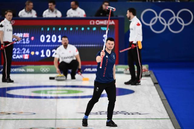 Britain's Hammy McMillan reacts during the curling men's gold medal game between Great Britain and Canada during the Milano Cortina 2026 Winter Olympic Games at the Cortina Curling Olympic Stadium in Cortina d’Ampezzo on February 21, 2026. (Photo by Marco BERTORELLO / AFP)