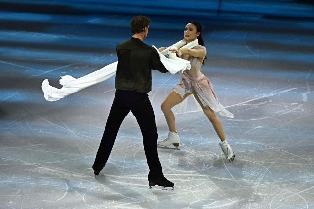 USA's Madison Chock and USA's Evan Bates perform at the figure skating exhibition gala during the Milano Cortina 2026 Winter Olympic Games at Milano Ice Skating Arena in Milan on February 21, 2026. (Photo by Gabriel BOUYS / AFP)