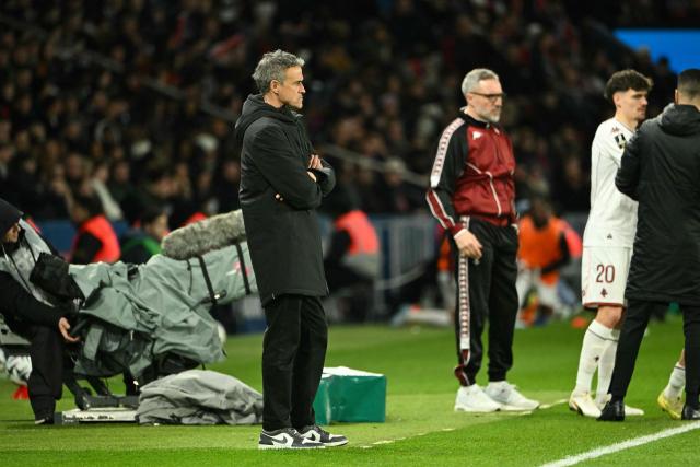 Paris Saint-Germain's Spanish headcoach Luis Enrique looks on during the French L1 football match between Paris Saint-Germain (PSG) and FC Metz at the Parc des Princes stadium in Paris on February 21, 2026. (Photo by Bertrand GUAY / AFP)