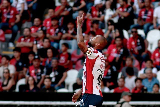 San Luis' Brazilian forward #09 Joao Pedro celebrates scoring his team's first goal during the Liga MX Clausura football match between Atlas and San Luis at the Jalisco Stadium in Guadalajara, state of Jalisco, Mexico, on February 21, 2026. (Photo by Ulises Ruiz / AFP)