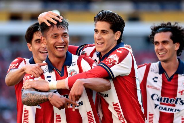 San Luis' defender #31 Eduardo Aguila (2nd-L) celebrates after scoring his team's second goal with teammates during the Liga MX Clausura football match between Atlas and San Luis at the Jalisco Stadium in Guadalajara, state of Jalisco, Mexico, on February 21, 2026. (Photo by Ulises Ruiz / AFP)