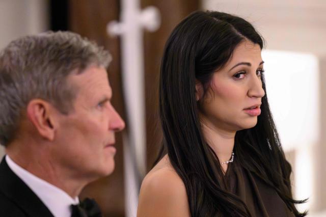Katie Miller, wife of White House deputy chief of staff for policy Stephen Miller, attends a dinner with state governors hosted by US President Donald Trump in the East Room of the White House in Washington, DC, on February 21, 2026. (Photo by Mandel NGAN / AFP)