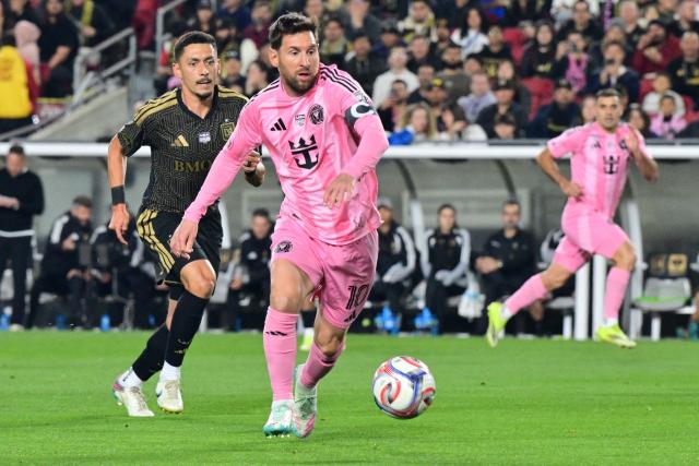Inter Miami's Argentine forward #10 Lionel Messi controls the bqll during the Major League Soccer opening match between Los Angeles Football Club and Inter Miami CF at the LA Memorial Coliseum in Los Angeles, on February 21, 2026. (Photo by Frederic J. Brown / AFP)