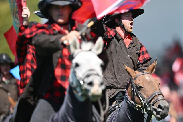 The Crusaders horsemen take part in their traditional pre-game parade prior to round two of the Super Rugby Pacific match between the Crusaders and Brumbies at Apollo Projects Stadium in Christchurch on February 22, 2026. (Photo by Sanka VIDANAGAMA / AFP)