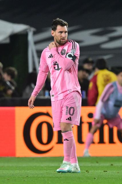 Inter Miami's Argentine forward #10 Lionel Messi looks on during the Major League Soccer opening match between Los Angeles Football Club and Inter Miami CF at the LA Memorial Coliseum in Los Angeles, on February 21, 2026. (Photo by Frederic J. Brown / AFP)