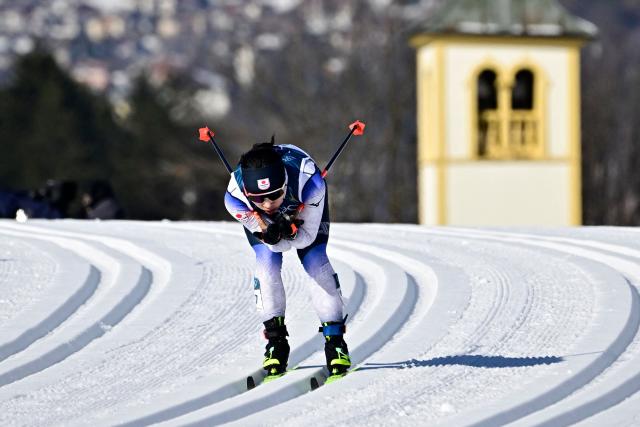 Japan's Masae Tsuchiya competes during the women's cross country 50km mass start final event of the Milano Cortina 2026 Winter Olympic Games at Tesero Cross-Country Skiing Stadium in Lago di Tesero (Val di Fiemme), on February 22, 2026. (Photo by Tobias SCHWARZ / AFP)