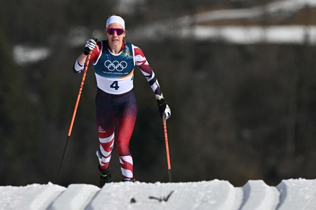 Austria's Teresa Stadlober competes during the women's cross country 50km mass start final event of the Milano Cortina 2026 Winter Olympic Games at Tesero Cross-Country Skiing Stadium in Lago di Tesero (Val di Fiemme), on February 22, 2026. (Photo by Javier SORIANO / AFP)