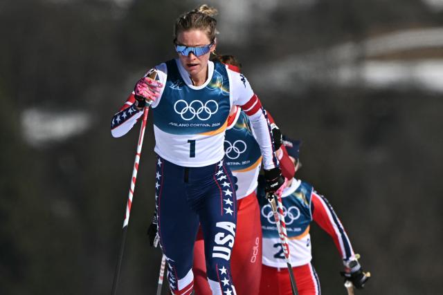 USA's Jessie Diggins competes during the women's cross country 50km mass start final event of the Milano Cortina 2026 Winter Olympic Games at Tesero Cross-Country Skiing Stadium in Lago di Tesero (Val di Fiemme), on February 22, 2026. (Photo by Javier SORIANO / AFP)