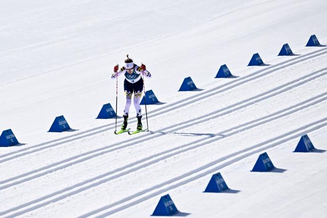 Sweden's Ebba Andersson competes during the women's cross country 50km mass start final event of the Milano Cortina 2026 Winter Olympic Games at Tesero Cross-Country Skiing Stadium in Lago di Tesero (Val di Fiemme), on February 22, 2026. (Photo by Tobias SCHWARZ / AFP)