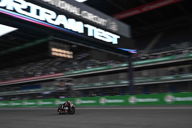 Aprilia Racing's Spanish rider Jorge Martin rides on the track during the second day of the 2026 MotoGP pre-season test at the Buriram International Circuit in Buriram on February 22, 2026. (Photo by Lillian SUWANRUMPHA / AFP)