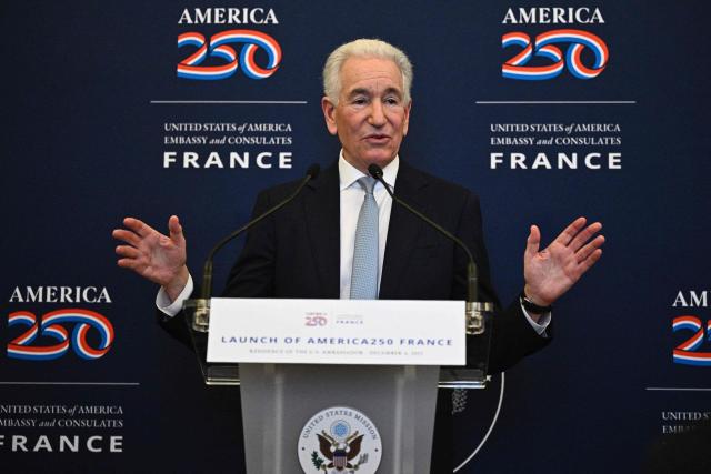 (FILES) US Ambassador to France Charles Kushner delivers a speech for the official launch of America 250, to celebrate the 250th birthday of the US in 2026, at the US ambassy in Paris, on December 4, 2025. The French foreign ministry will summon Washington's ambassador over comments made by the US president's administration about the killing of a far-right activist that has been blamed on the hard left, France's top diplomat said on February 22, 2026. (Photo by JULIEN DE ROSA / AFP)