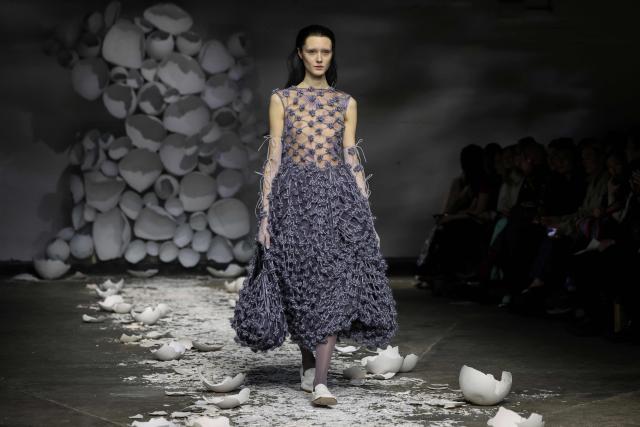 A model presents a creation from the Autumn-Winter 2026-2027 collection from French designer Pauline Dujancourt at London Fashion Week in London on February 22, 2026. (Photo by Toby Shepheard / AFP)