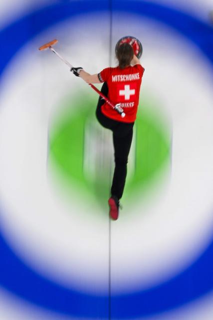 Switzerland's Selina Witschonke competes in the curling women's round robin gold medal game between Switzerland and Sweden during the Milano Cortina 2026 Winter Olympic Games at the Cortina Curling Olympic Stadium in Cortina d’Ampezzo on February 22, 2026. (Photo by Franзois-Xavier MARIT / AFP)
