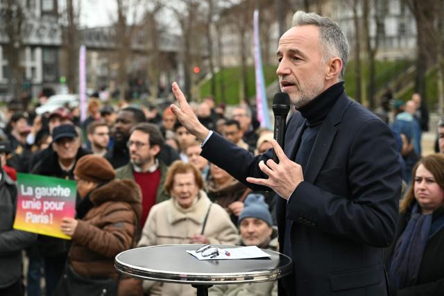 Socialist candidate for Mayor in Paris Emmanuel Gregoire speaks during a public debate as part of the campaign for France's upcoming municipal elections in Paris on February 22, 2026. (Photo by Bertrand GUAY / AFP)
