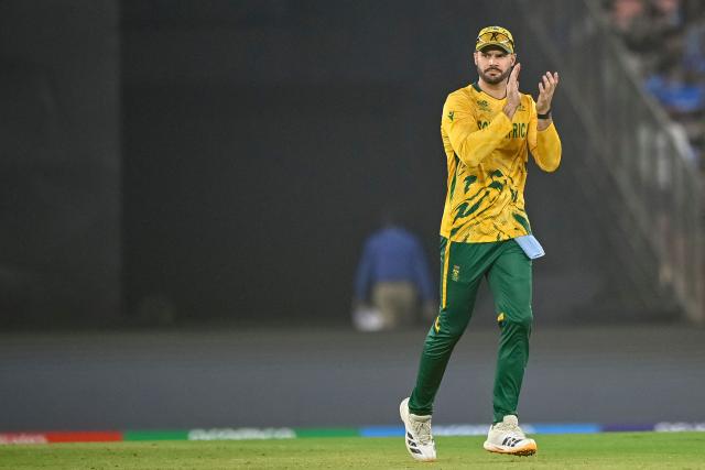 South Africa's captain Aiden Markram cheers while fielding during the 2026 ICC Men's T20 Cricket World Cup Super Eights match between India and South Africa at the Narendra Modi Stadium in Ahmedabad on February 22, 2026. (Photo by Shammi MEHRA / AFP)