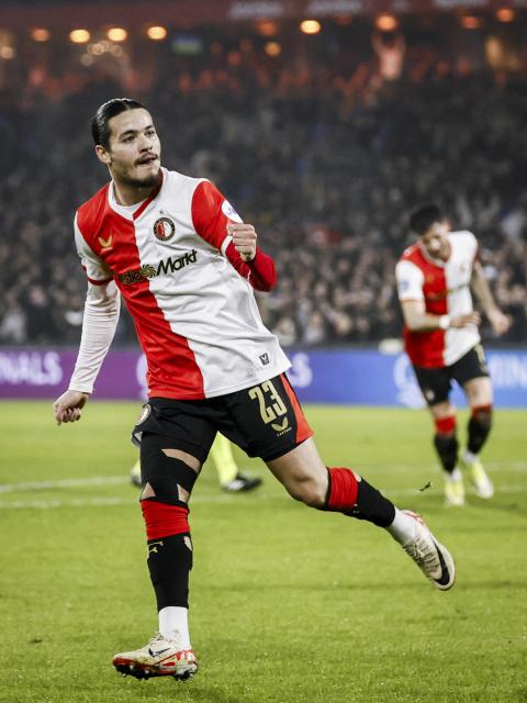 Feyenoord's Algerian forward Anis Hadj Moussa celebrates after scoring a goal during the Dutch Eredivisie football match between Feyenoord Rotterdam and Sportclub Telstar at The Feyenoord "De Kuip" Stadium in Rotterdam on February 22, 2026. (Photo by Pieter Stam de Jonge / ANP / AFP) / Netherlands OUT