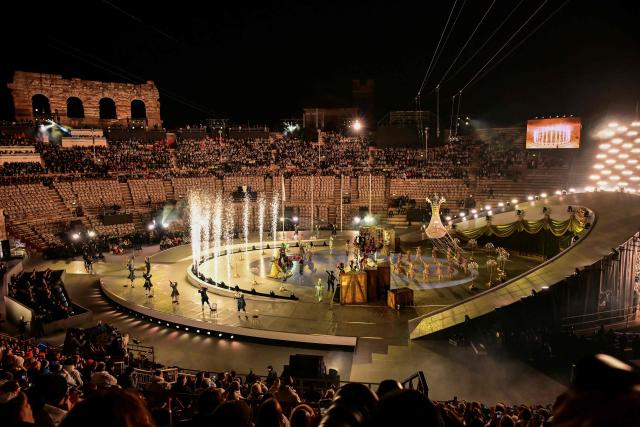 Artists perform during the closing ceremony of the Milano Cortina 2026 Winter Olympic Games at the Verona Arena in Verona, northern Italy, on February 22, 2026. (Photo by PIERO CRUCIATTI / AFP)