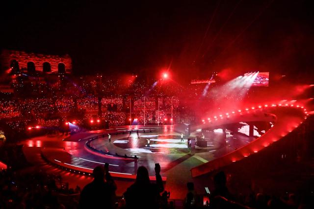 Music collective Major Lazer perform during the closing ceremony of the Milano Cortina 2026 Winter Olympic Games at the Verona Arena in Verona, northern Italy, on February 22, 2026. (Photo by PIERO CRUCIATTI / AFP)