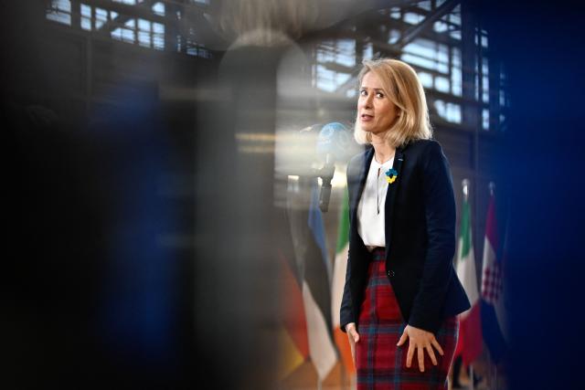 EU High Representative and Vice-President for Foreign Affairs and Security Policy Kaja Kallas reacts as she speaks to the press before the EU Foreign Affairs Council in Brussels on February 23, 2026. (Photo by JOHN THYS / AFP)