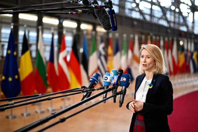 EU High Representative and Vice-President for Foreign Affairs and Security Policy Kaja Kallas speaks to the press as she arrives for the EU Foreign Affairs Council in Brussels on February 23, 2026. (Photo by JOHN THYS / AFP)