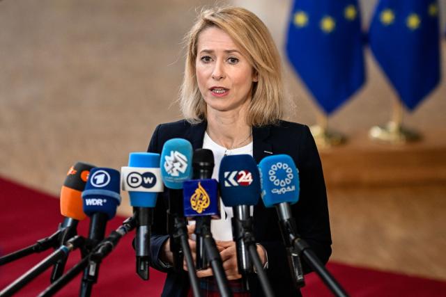 EU High Representative and Vice-President for Foreign Affairs and Security Policy Kaja Kallas speaks to the press as she arrives for the EU Foreign Affairs Council in Brussels on February 23, 2026. (Photo by JOHN THYS / AFP)