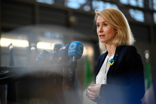 EU High Representative and Vice-President for Foreign Affairs and Security Policy Kaja Kallas speaks to the press as she arrives for the EU Foreign Affairs Council in Brussels on February 23, 2026. (Photo by JOHN THYS / AFP)