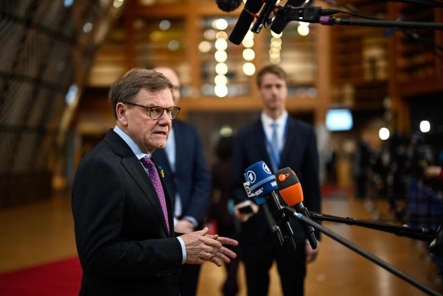Germany's Foreign Affairs Minister Johann Wadephul speaks to the press as he arrives for the EU Foreign Affairs Council in Brussels on February 23, 2026. (Photo by JOHN THYS / AFP)