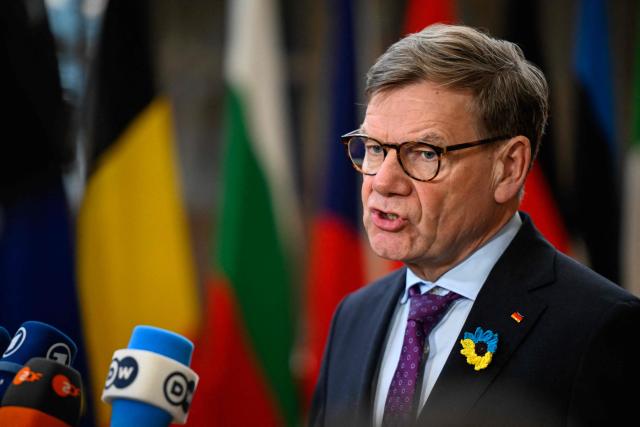 Germany's Foreign Affairs Minister Johann Wadephul speaks to the press as he arrives for the EU Foreign Affairs Council in Brussels on February 23, 2026. (Photo by JOHN THYS / AFP)