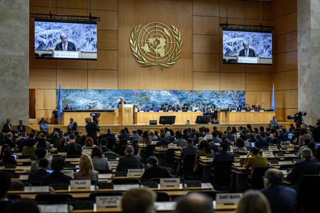 UN Secretary-General Antonio Guterres addresses the audience during the opening of the 61st session of the UN Human Rights Council at the United Nations office in Geneva on February 23, 2026. Human rights are under "full-scale attack around the world", United Nations chief Antonio Guterres warned on February 23, 2026, with the most powerful often leading the charge. (Photo by Fabrice COFFRINI / AFP)