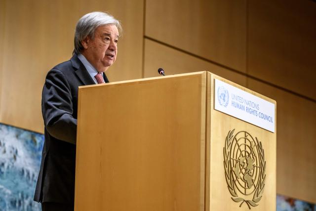 UN Secretary-General Antonio Guterres delivers a speech at the opening of the 61st session of the UN Human Rights Council at the United Nations office in Geneva on February 23, 2026. Human rights are under "full-scale attack around the world", United Nations chief Antonio Guterres warned on February 23, 2026, with the most powerful often leading the charge. (Photo by Fabrice COFFRINI / AFP)