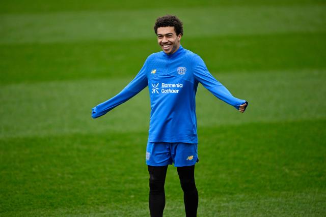 Bayer Leverkusen's US-German midfielder #10 Malik Tillman reacts as he attends a training session on February 23, 2026 in Leverkusen, western Germany, on the eve of the UEFA Champions League - Knockout round play-off - Second Leg football match of Bayer Leverkusen (GER) v Olympiakos (GRE). (Photo by INA FASSBENDER / AFP)