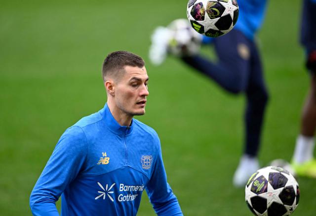 Bayer Leverkusen's Czech forward #14 Patrik Schick attends a training session on February 23, 2026 in Leverkusen, western Germany, on the eve of the UEFA Champions League - Knockout round play-off - Second Leg football match of Bayer Leverkusen (GER) v Olympiakos (GRE). (Photo by INA FASSBENDER / AFP)