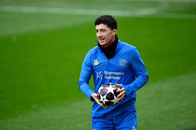 Bayer Leverkusen's Algerian midfielder #30 Ibrahim Maza attends a training session on February 23, 2026 in Leverkusen, western Germany, on the eve of the UEFA Champions League - Knockout round play-off - Second Leg football match of Bayer Leverkusen (GER) v Olympiakos (GRE). (Photo by INA FASSBENDER / AFP)
