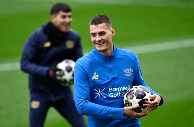 Bayer Leverkusen's Czech forward #14 Patrik Schick attends a training session on February 23, 2026 in Leverkusen, western Germany, on the eve of the UEFA Champions League - Knockout round play-off - Second Leg football match of Bayer Leverkusen (GER) v Olympiakos (GRE). (Photo by INA FASSBENDER / AFP)