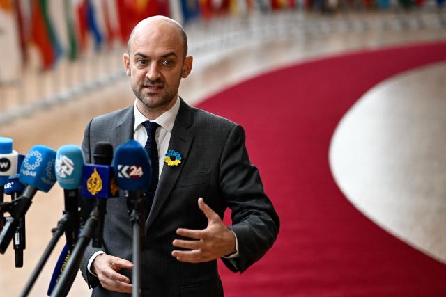 France's Foreign Affairs Minister Jean-Noel Barrot gestures as she speaks to the press before the EU Foreign Affairs Council in Brussels on February 23, 2026. (Photo by JOHN THYS / AFP)