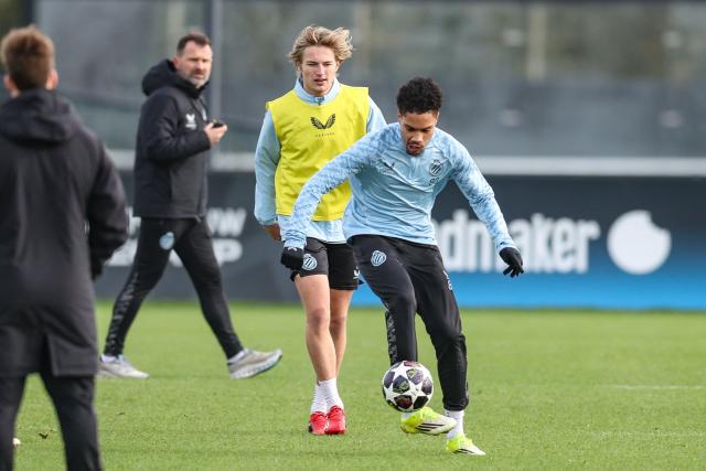 Club's Romeo Vermant and Club's Felix Lemarechal take part in a training session of Belgian soccer team Club Brugge, in Knokke-Heist, on February 23, 2026, on the eve of the UEFA Champions League knockout round play-off second leg football match against Atletico Madrid. (Photo by BRUNO FAHY / Belga / AFP) / Belgium OUT