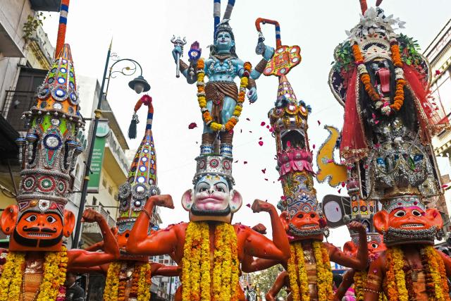 Artists dressed as Hindu deity Hanuman take part in a religious procession in Amritsar on February 23, 2026. (Photo by Narinder NANU / AFP)