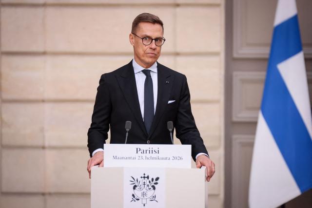Finland's President Alexander Stubb and France's President (not pictured) deliver a joint statement at The Elysee Presidential Palace in Paris on February 23, 2026. (Photo by Thomas Padilla / POOL / AFP)