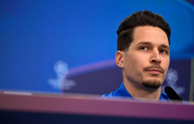 Bayer Leverkusen's German goalkeeper #28 Janis Blaswich attends a press conference on February 23, 2026 in Leverkusen, western Germany, on the eve of the UEFA Champions League - Knockout round play-off - Second Leg football match of Bayer Leverkusen (GER) v Olympiakos (GRE). (Photo by INA FASSBENDER / AFP)