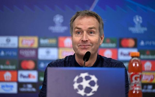 Bayer Leverkusen's Danish head coach Kasper Hjulmand attends a press conference on February 23, 2026 in Leverkusen, western Germany, on the eve of the UEFA Champions League - Knockout round play-off - Second Leg football match of Bayer Leverkusen (GER) v Olympiakos (GRE). (Photo by INA FASSBENDER / AFP)