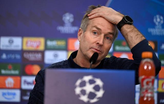 Bayer Leverkusen's Danish head coach Kasper Hjulmand attends a press conference on February 23, 2026 in Leverkusen, western Germany, on the eve of the UEFA Champions League - Knockout round play-off - Second Leg football match of Bayer Leverkusen (GER) v Olympiakos (GRE). (Photo by INA FASSBENDER / AFP)