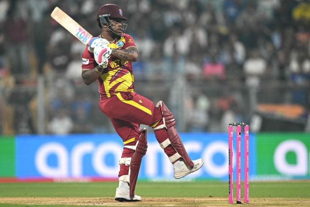 West Indies Shimron Hetmyer plays a shot during the 2026 ICC Men's T20 Cricket World Cup Super Eights match between West Indies and Zimbabwe at the Wankhede Stadium in Mumbai on February 23, 2026. (Photo by Punit PARANJPE / AFP)